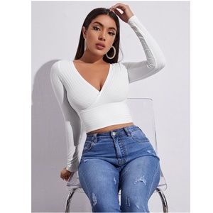 Deep V Neck Long Sleeve Rib-knit White Crop Top